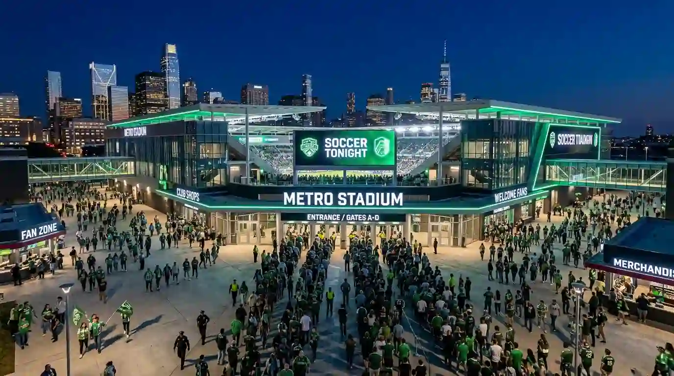 Estadio moderno de la MLS lleno de espectadores durante un partido nocturno