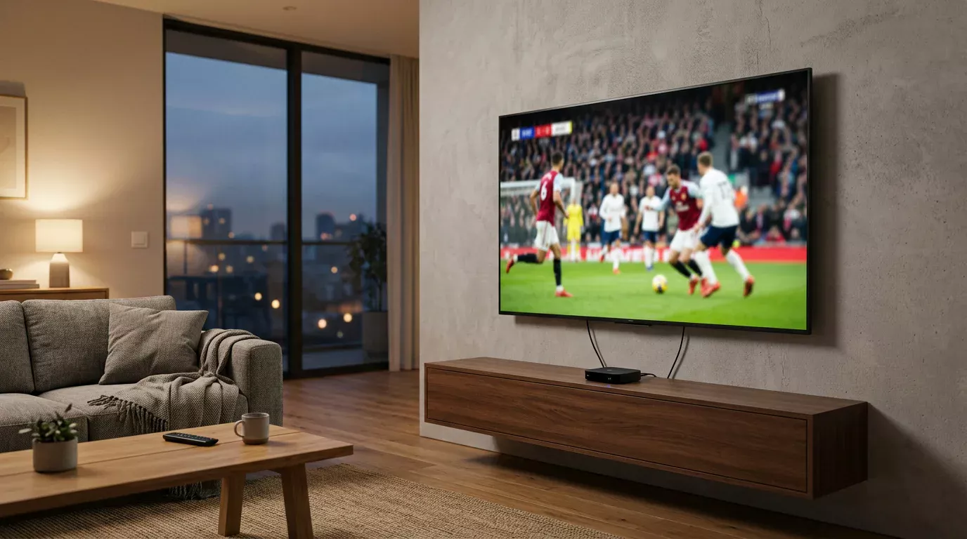 Television de pantalla grande mostrando un partido de futbol en un salon moderno