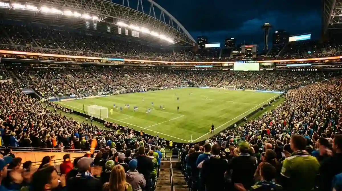 Estadio de fútbol MLS iluminado de noche durante un partido en directo