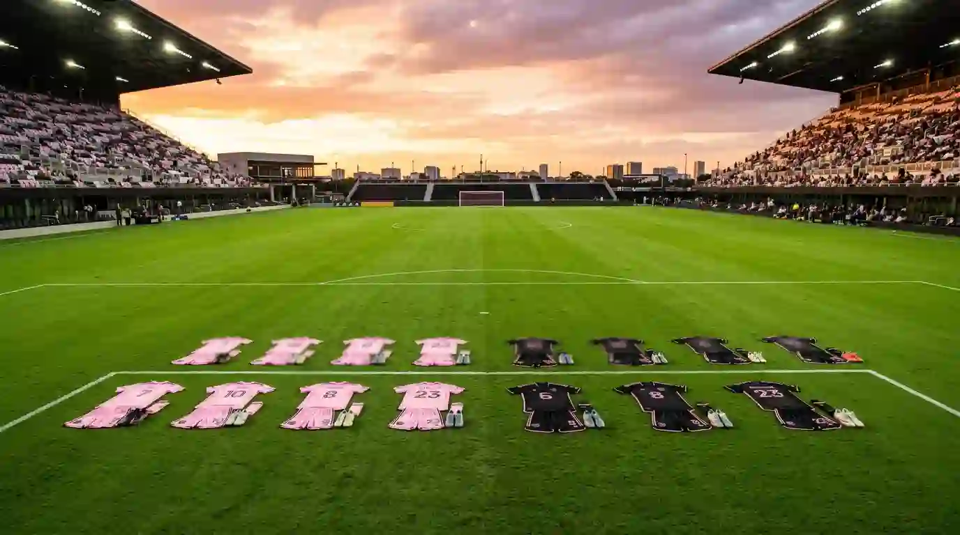 Estadio de futbol con camisetas rosa y negro de Inter Miami sobre el cesped