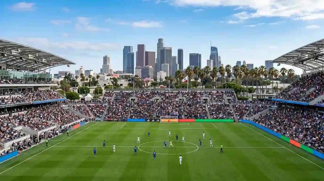 Estadio de futbol en Los Angeles con el horizonte de la ciudad al fondo