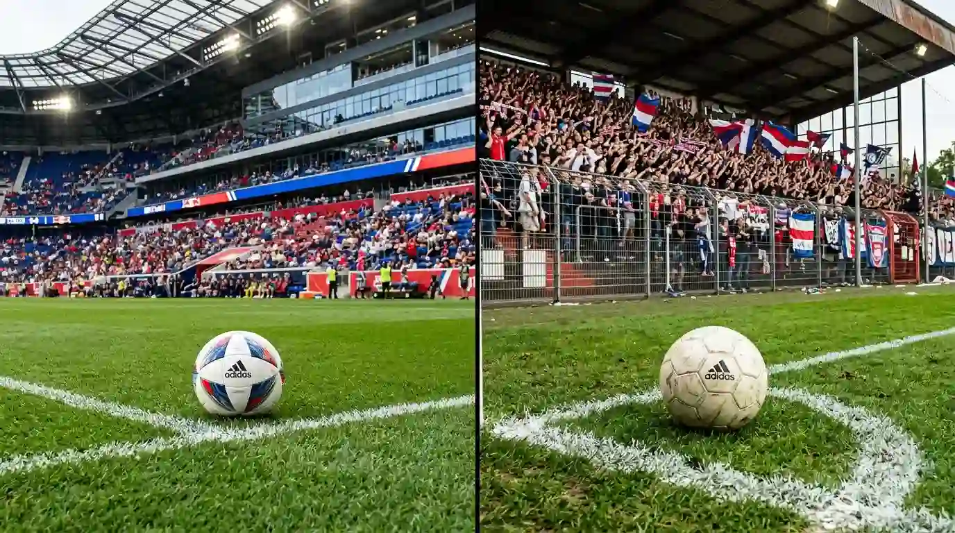 Dos balones de futbol en campos con cesped diferente representando MLS y Europa