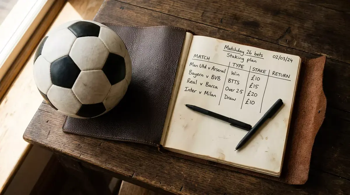 Libreta con un plan de gestión de banca junto a un balón de fútbol