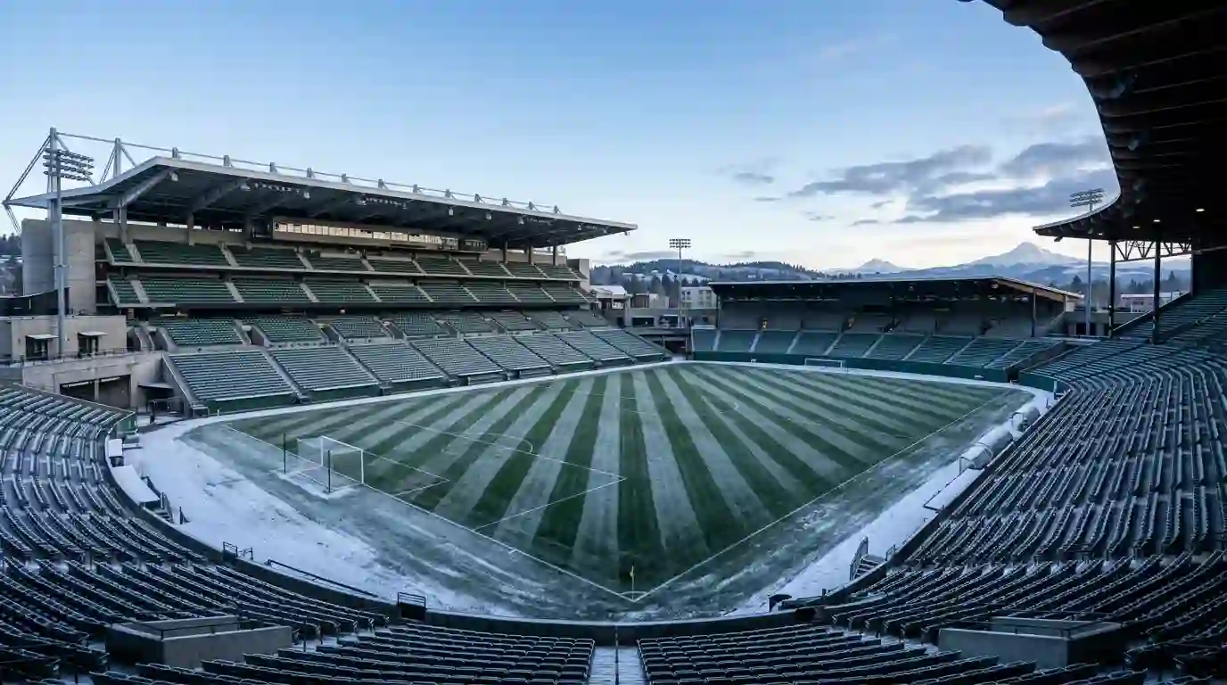 Estadio de futbol MLS vacio con el cesped recien cortado antes de la temporada