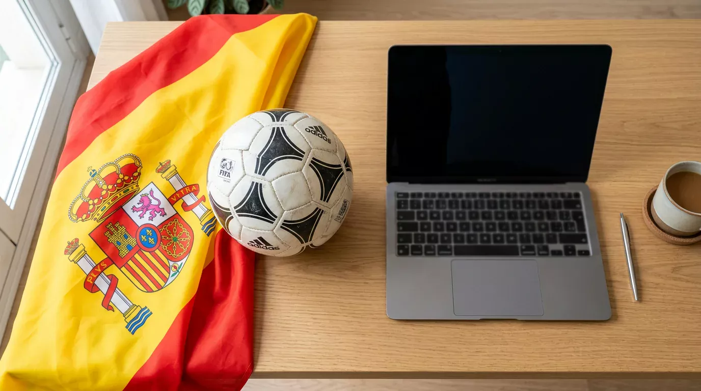 Bandera de España junto a un balon de futbol y un portatil sobre una mesa