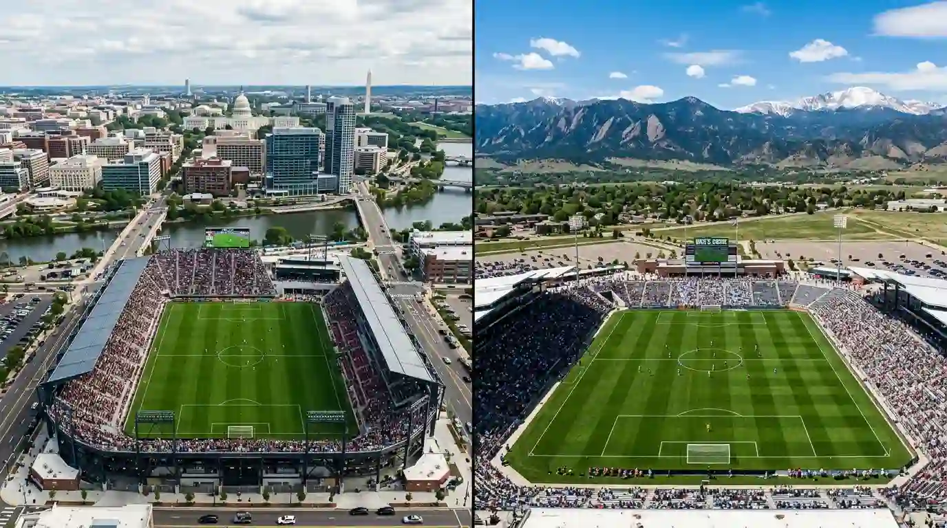Vista panoramica de dos estadios de futbol en diferentes ciudades americanas