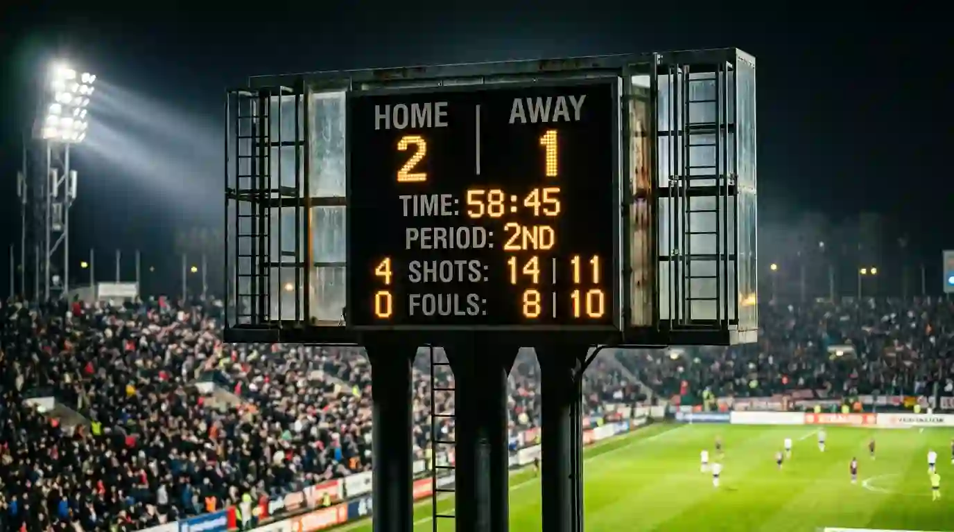 Primer plano de un marcador de futbol con numeros en un estadio