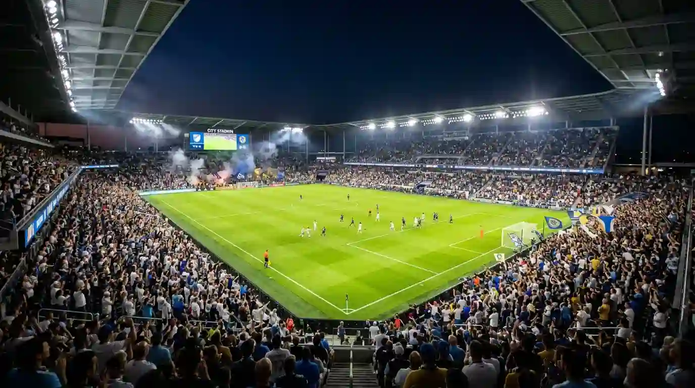 Estadio de futbol MLS moderno lleno de publico durante un partido nocturno