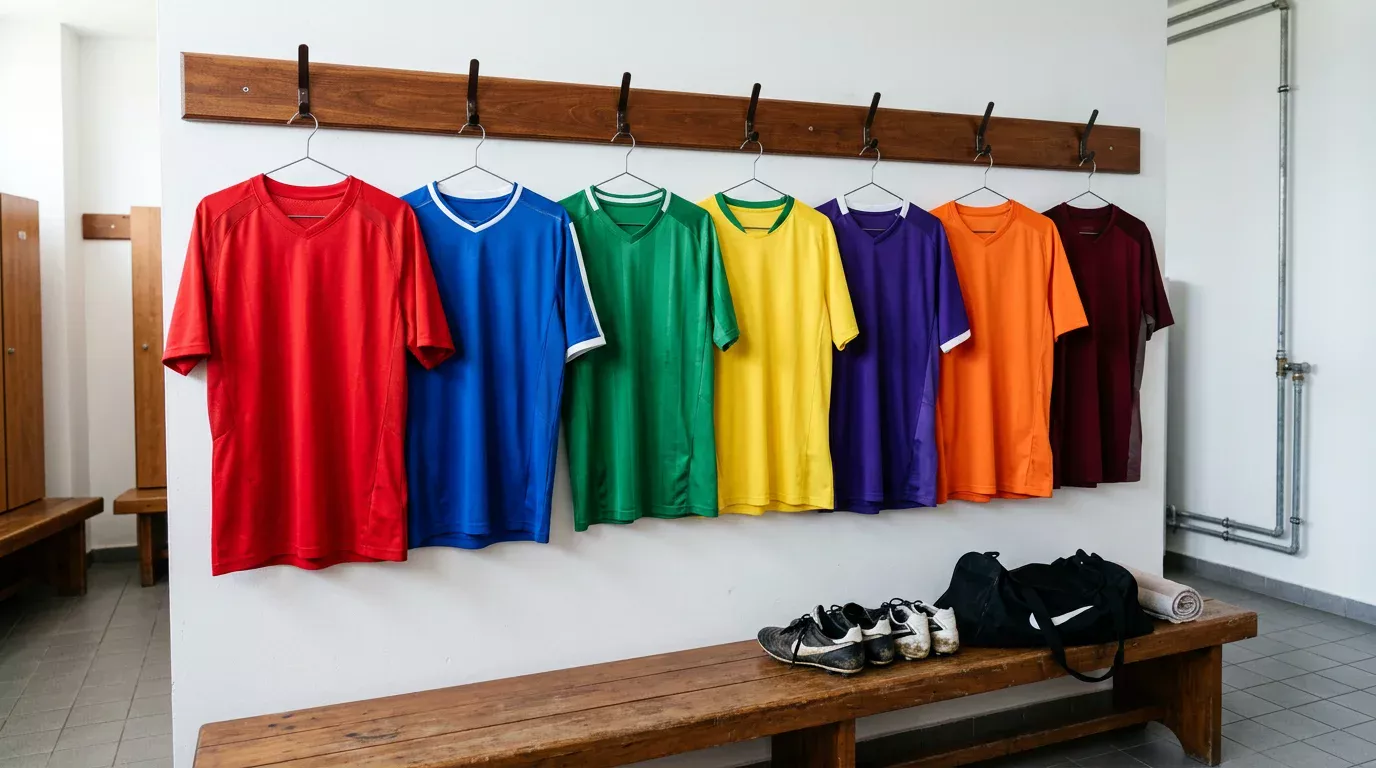Camisetas de futbol de diferentes equipos MLS colgadas en un vestuario