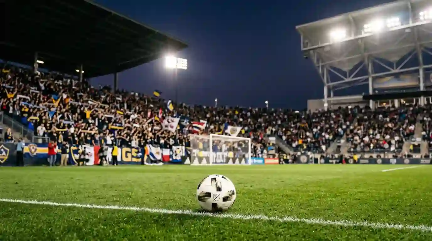 Balon de futbol sobre cesped de un estadio MLS con gradas llenas de aficionados