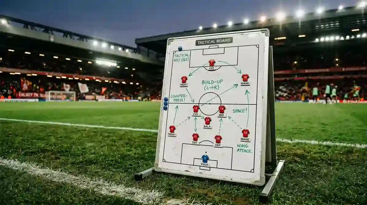 Pizarra táctica junto a un campo de fútbol con diagramas de estrategia de apuestas MLS