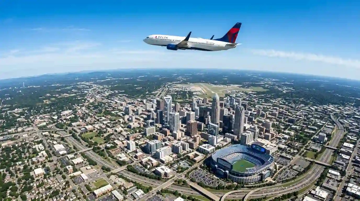 Vista aerea de un avion sobrevolando un estadio de futbol en una ciudad americana