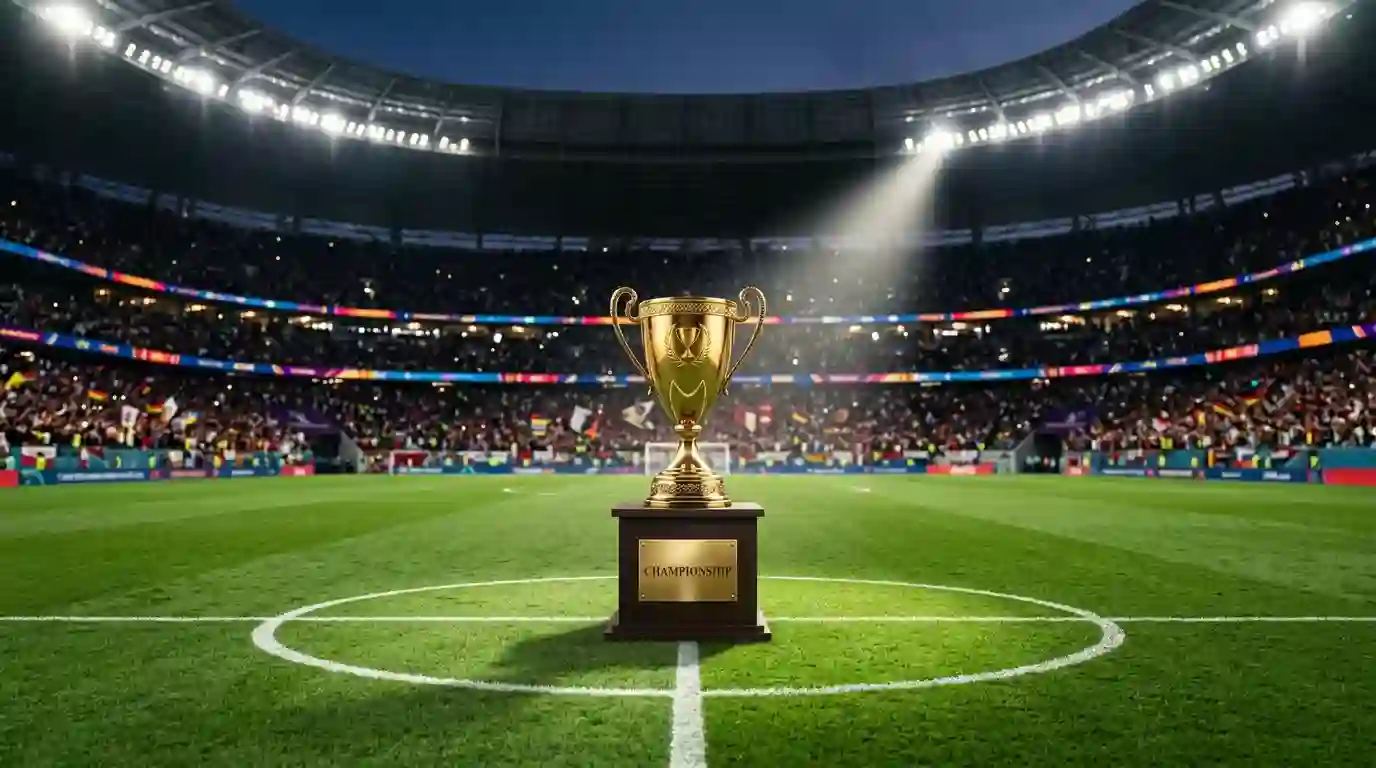 Trofeo dorado de campeonato sobre un pedestal en un campo de futbol
