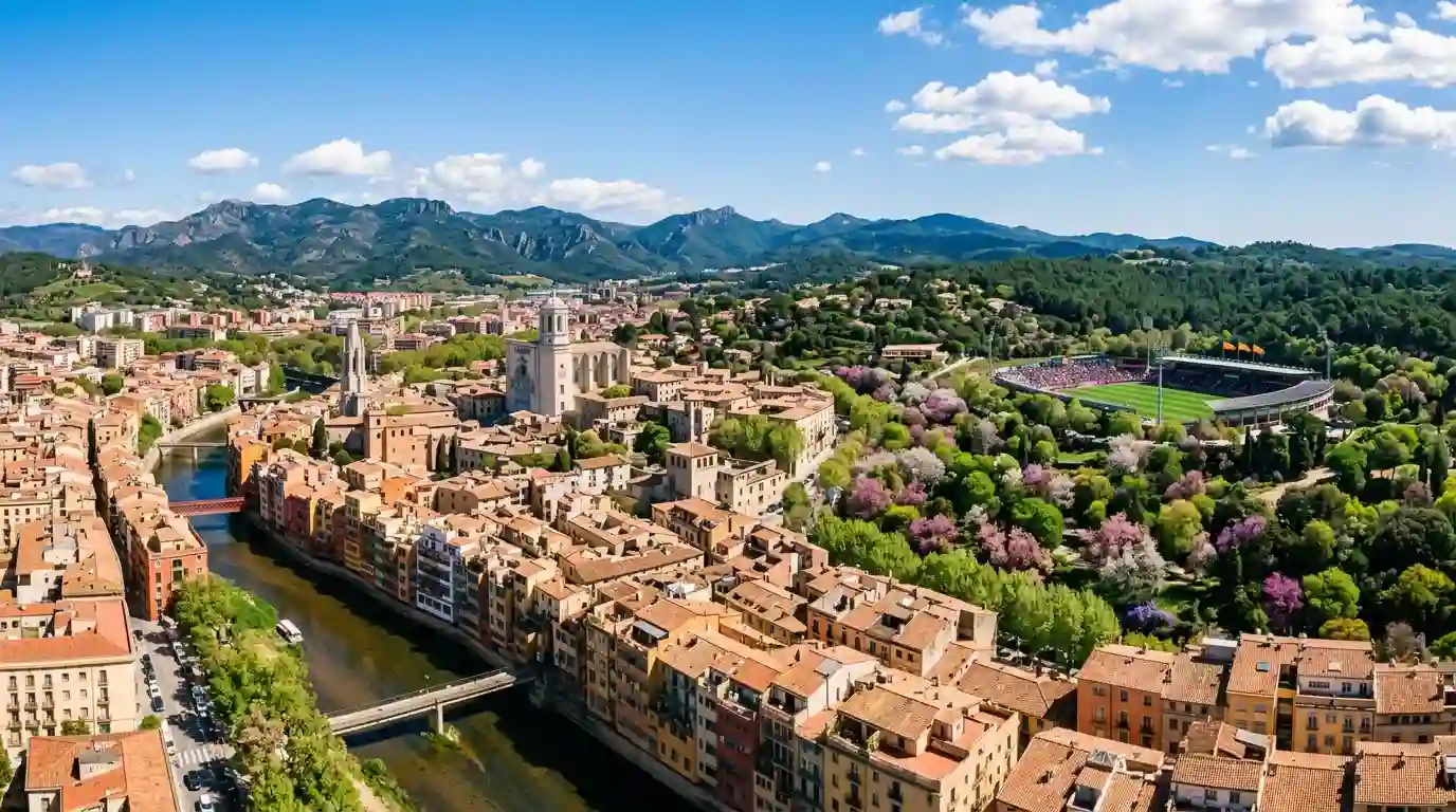Vista panoramica de una ciudad española con un estadio de futbol al fondo