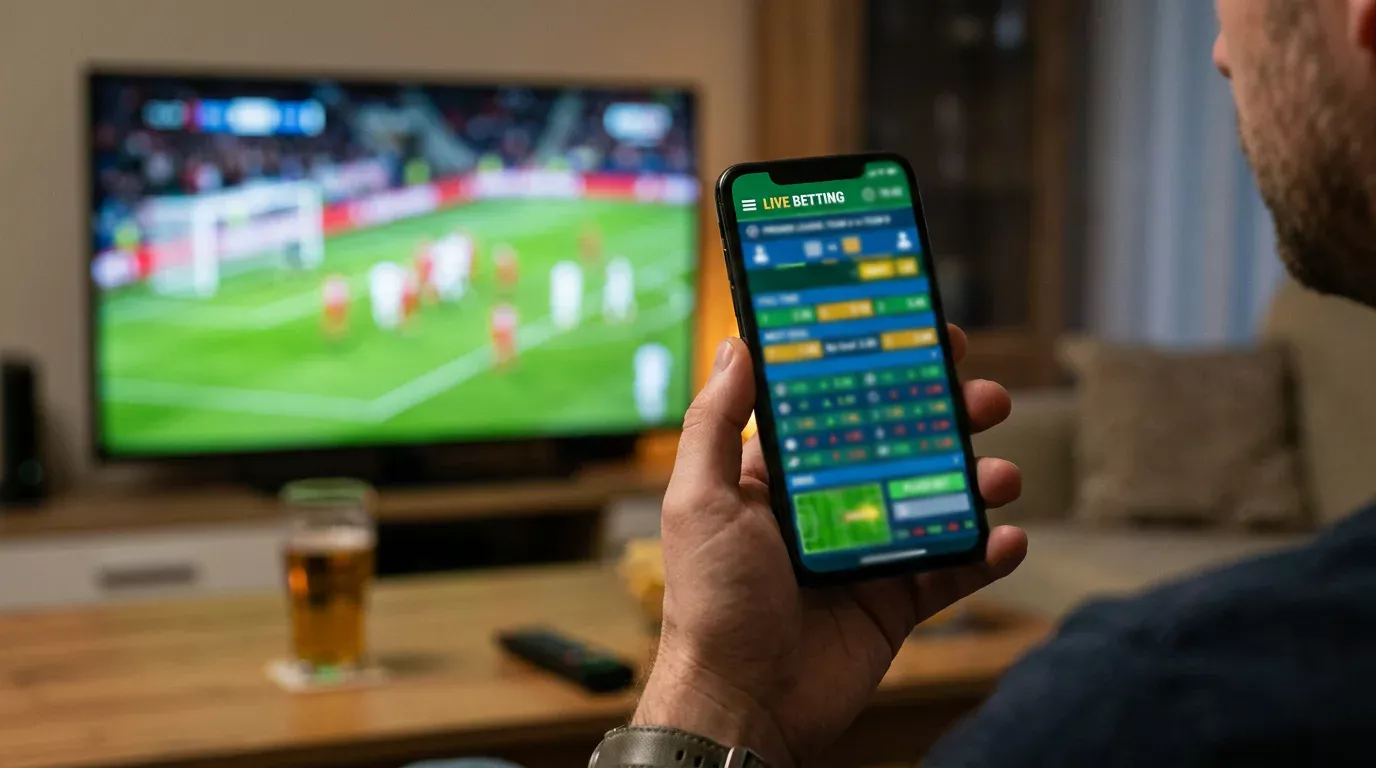 Telefono movil mostrando una pantalla de apuestas en vivo durante un partido de futbol