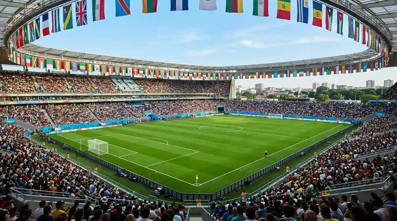 Estadio de futbol con banderas internacionales preparado para un torneo mundial