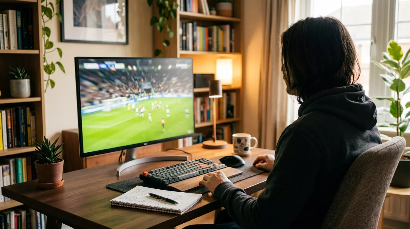 Persona sentada frente a un ordenador viendo un partido de futbol MLS
