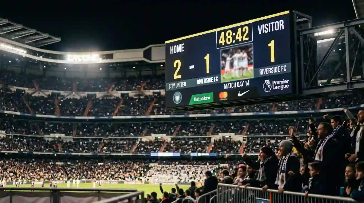 Marcador electronico de un estadio de futbol mostrando el resultado de un partido