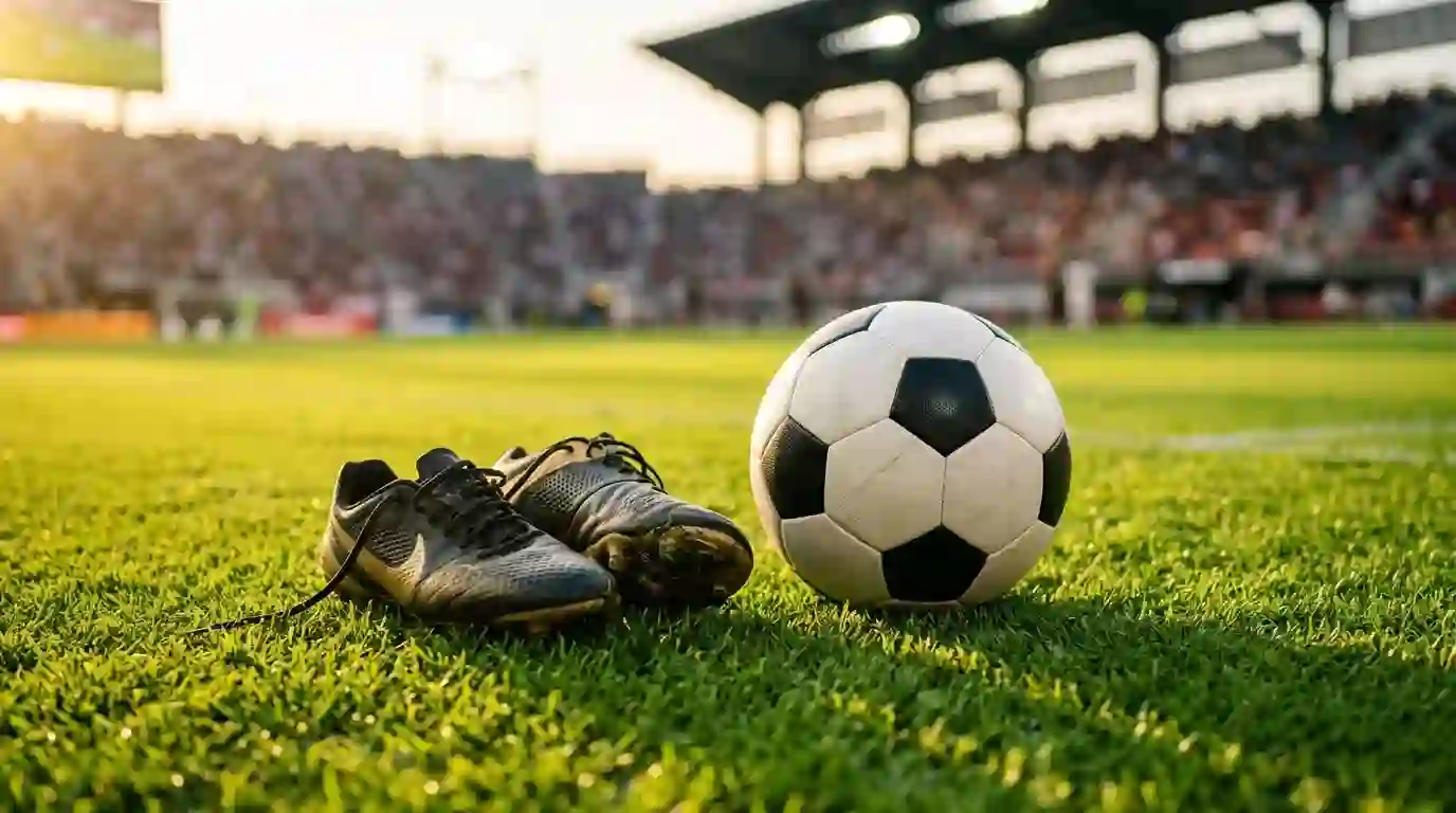 Botas de futbol y balon sobre el cesped de un campo de la MLS