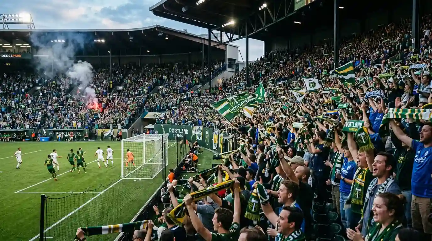 Gradas llenas de aficionados animando en un estadio de futbol MLS