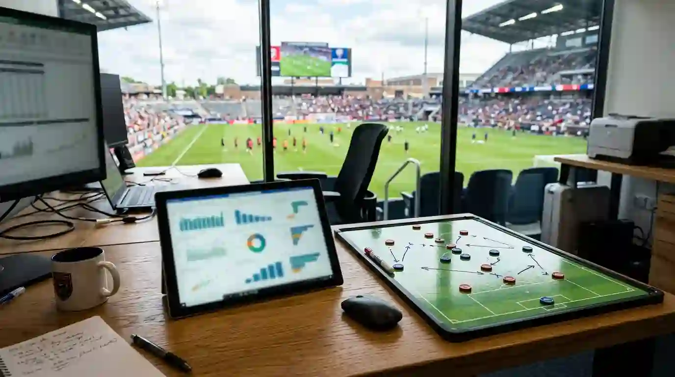 Pantalla con graficos de datos estadisticos de futbol sobre un campo de juego
